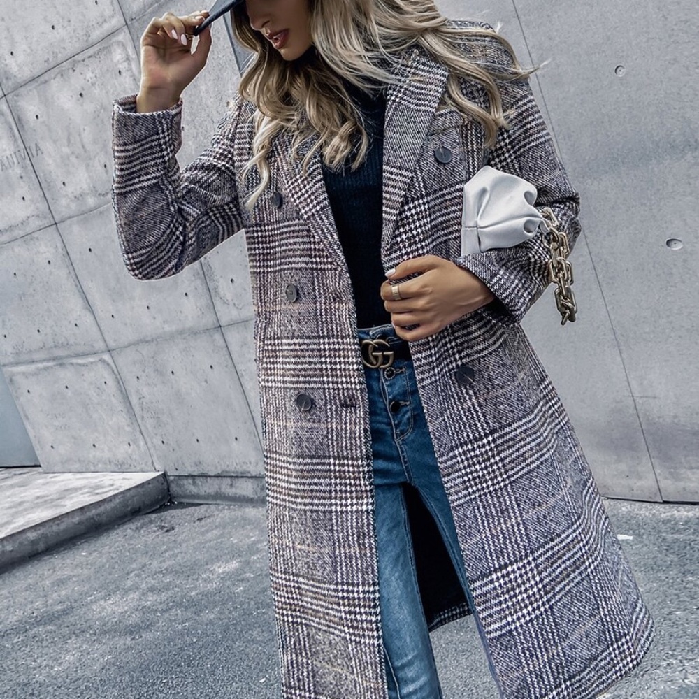 Houndstooth Plaid Double Breasted Button Jacket C… - image 1